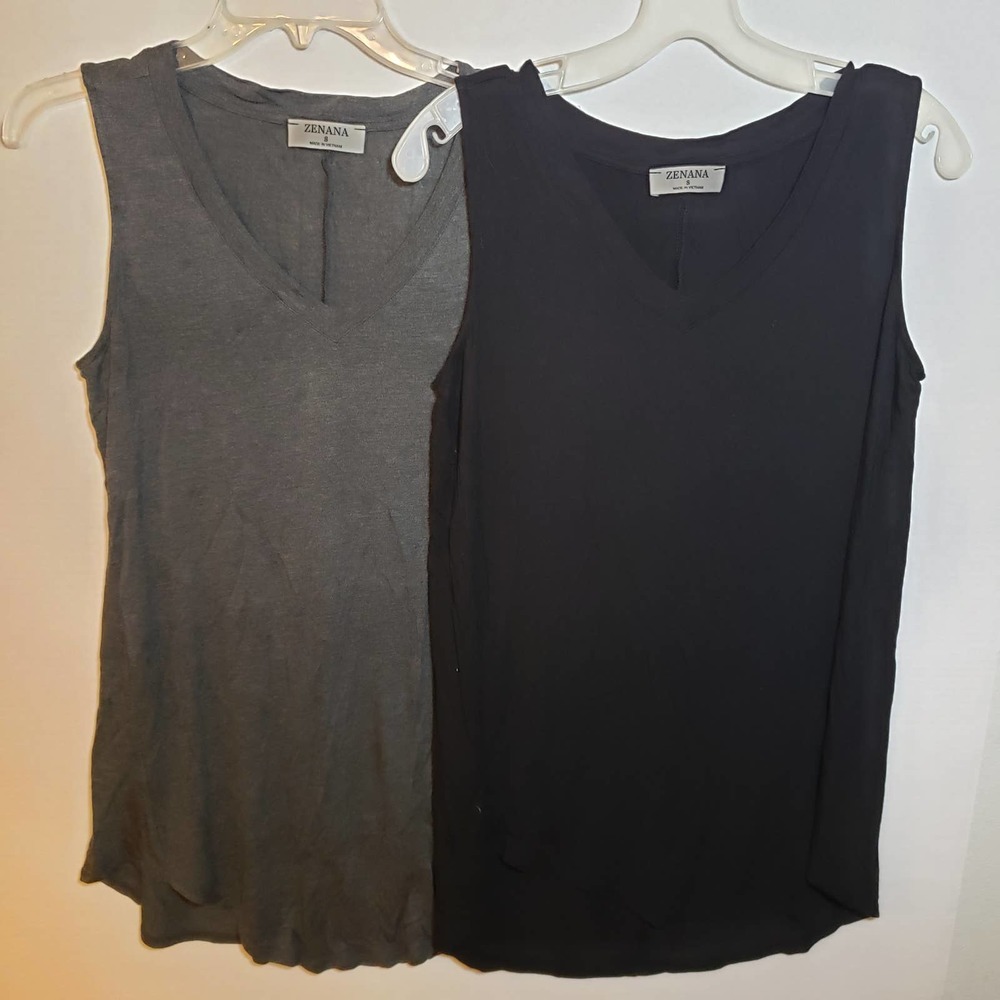 Zenana Super Soft V-Neck Layer Tank Tops Set 2 Lot Sz S Black Dark Gray Relaxed